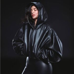 Black Faux Leather Hooded Bomber Jacket - Women